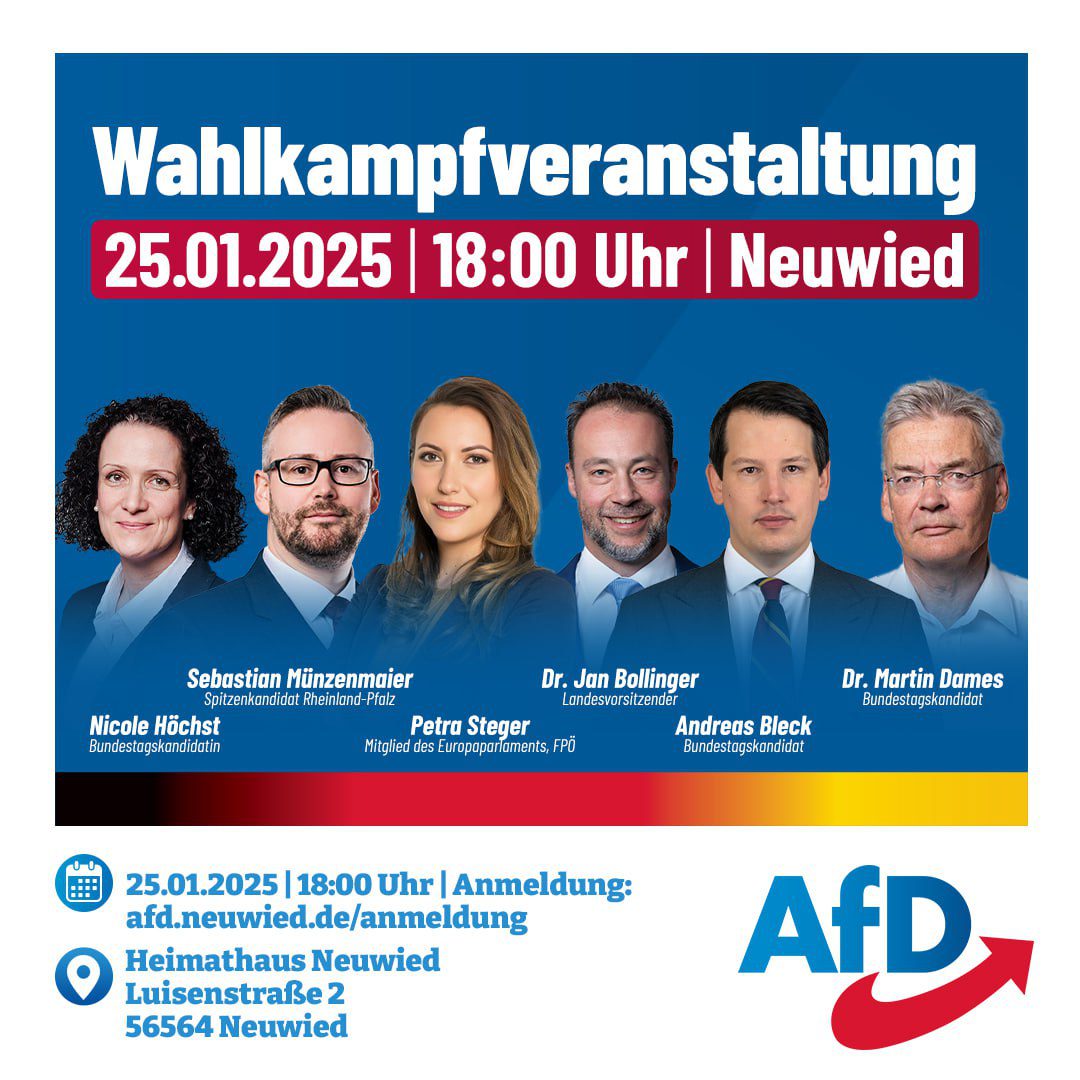 Redner der Wahlkampfveranstaltung in Neuwied mit Nicole Höchst, Sebastian Münzenmaier, Petra Steger von der FPÖ, Dr. Jan Bollinger, Andreas Bleck und Dr. Martin Dames.